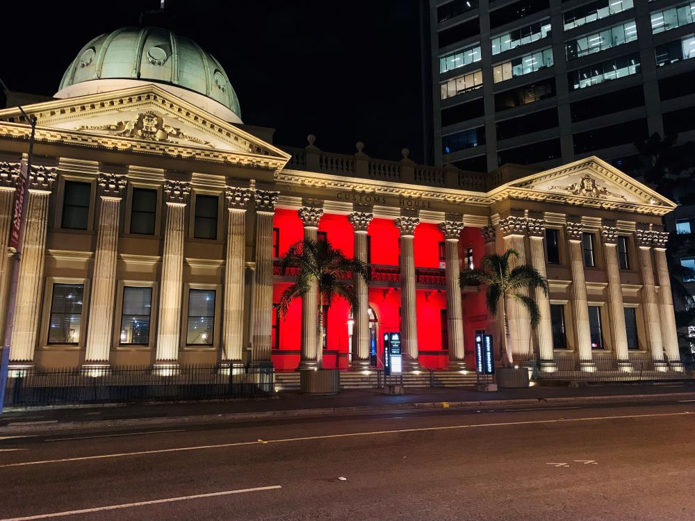 Customs House Brisbane lit red