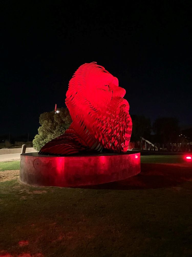 Wardandi Boodja sculpture, Bunbury WA lit red